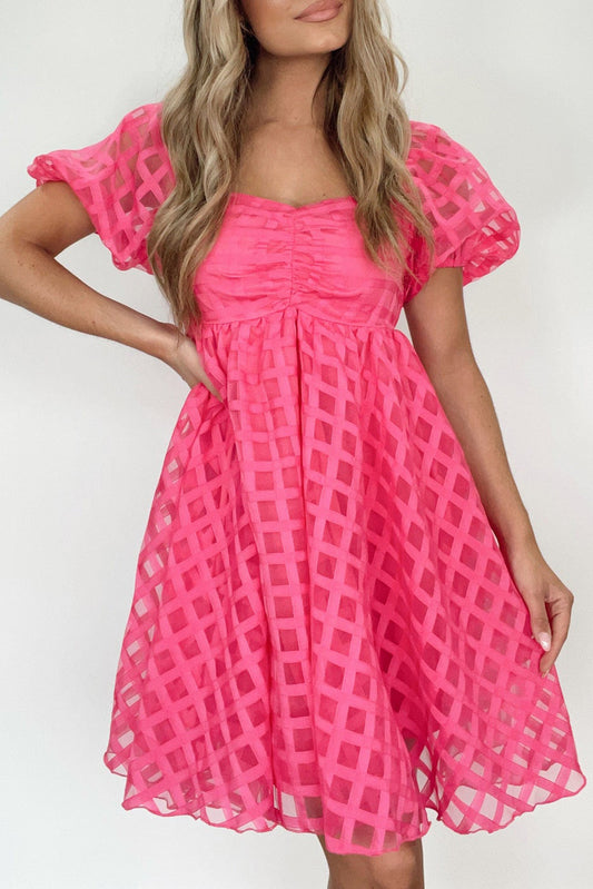 Strawberry Pink Checkered Mesh Puff Sleeve Babydoll Mini Dress Dresses JT's Designer Fashion