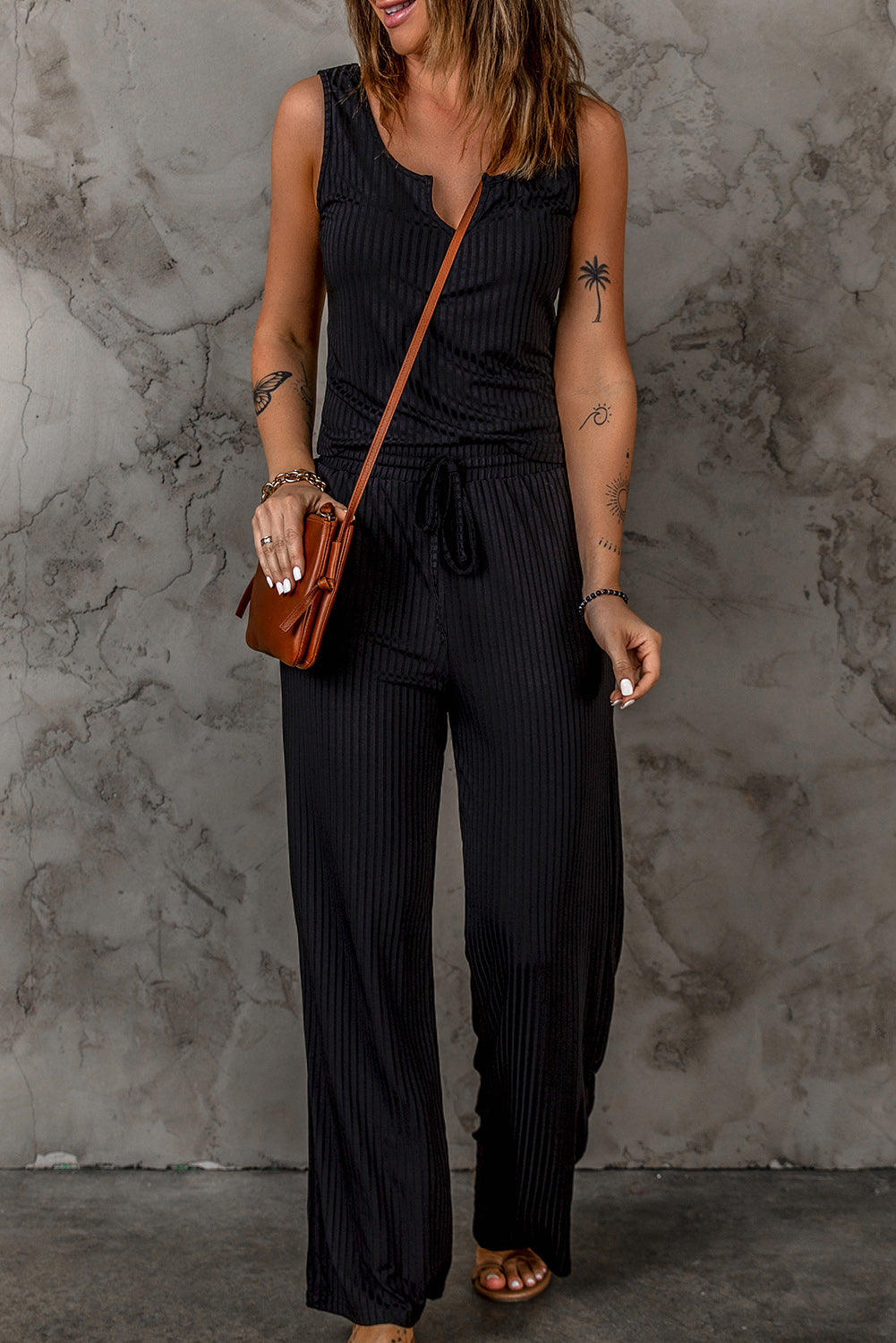 Black Rib Knit Notch Neck Tank and Wide-leg Pants Set Black 90%Polyester+10%Elastane Jumpsuits & Rompers JT's Designer Fashion