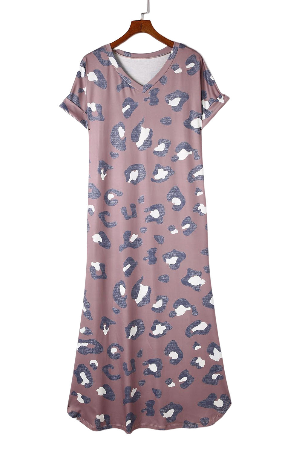 Leopard Print V Neck Long T-shirt Dress T Shirt Dresses JT's Designer Fashion