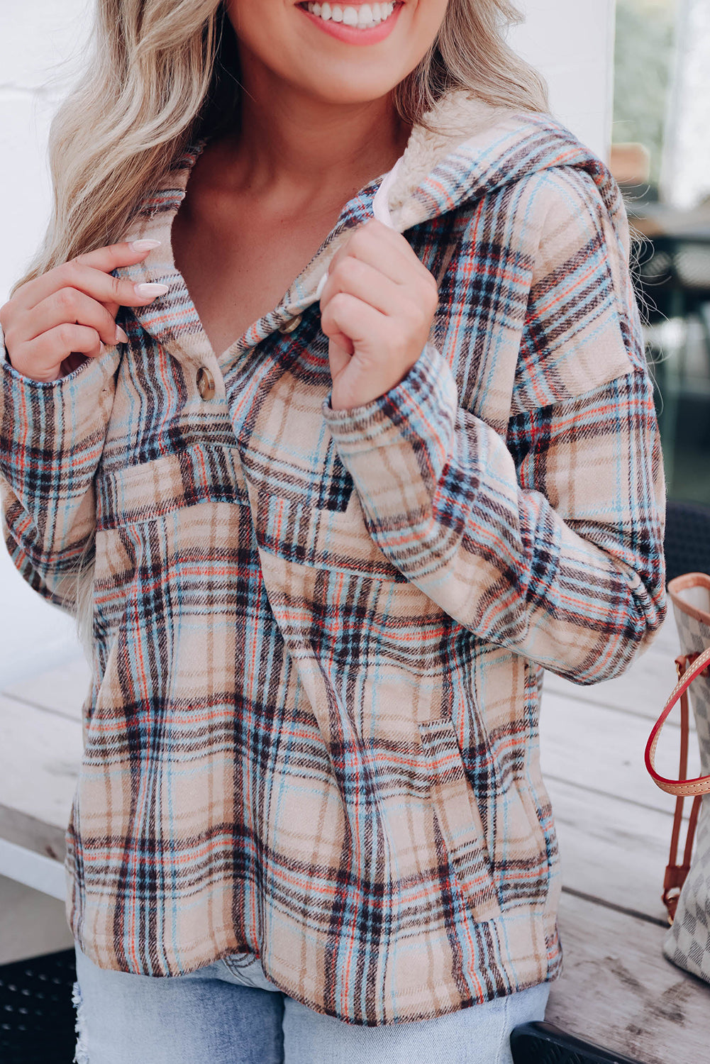 Bright White Plus Size Plaid Button Neck Pocketed Hoodie Plus Size JT's Designer Fashion