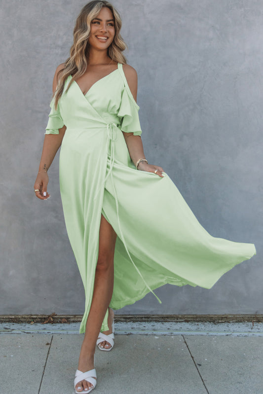 Green Cold Shoulder Flutter Sleeves Maxi Dress Green 100%Polyester Maxi Dresses JT's Designer Fashion