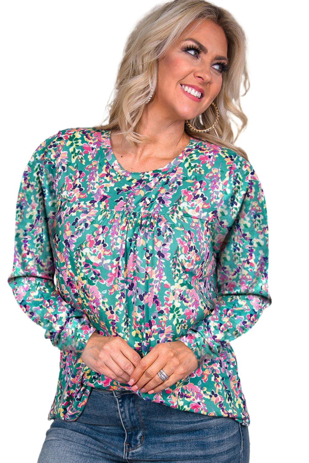 Green Floral Pleated Round Neck Long Sleeve Blouse Tops & Tees JT's Designer Fashion