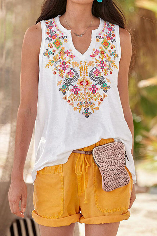 White Bohemian Floral Print Notched V Neck Tank Top White 95%Polyester+5%Elastane Tank Tops JT's Designer Fashion