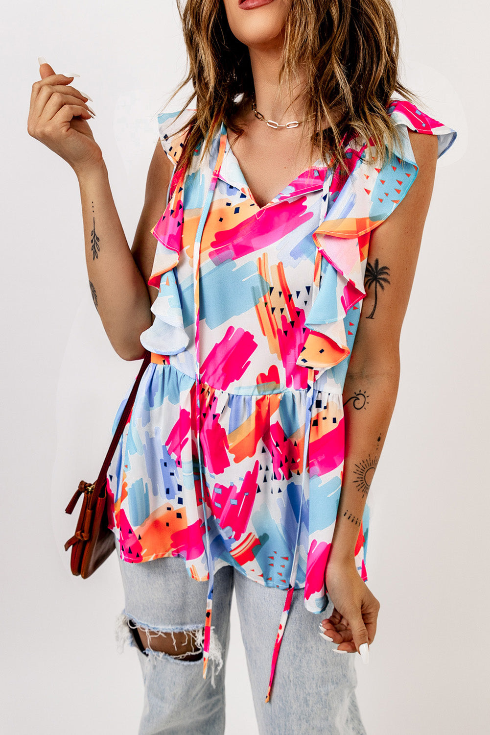 Multicolor Abstract Print V Neck Ruffled Tank Tank Tops JT's Designer Fashion