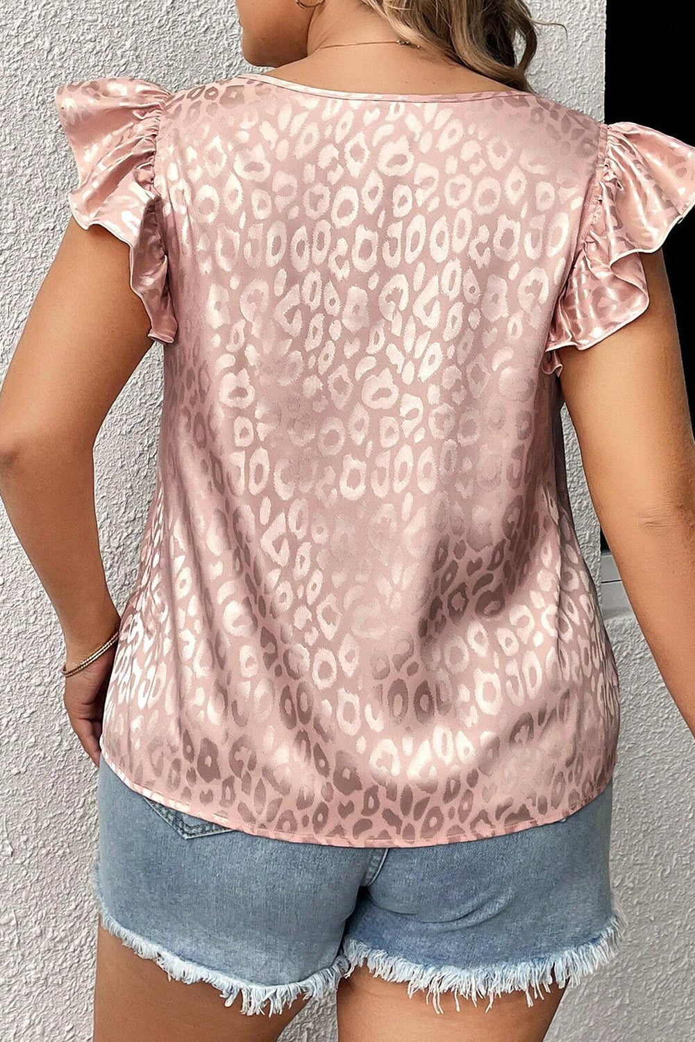 Pink Leopard Print Ruffled Trim O Neck Plus Size T Shirt Plus Size JT's Designer Fashion