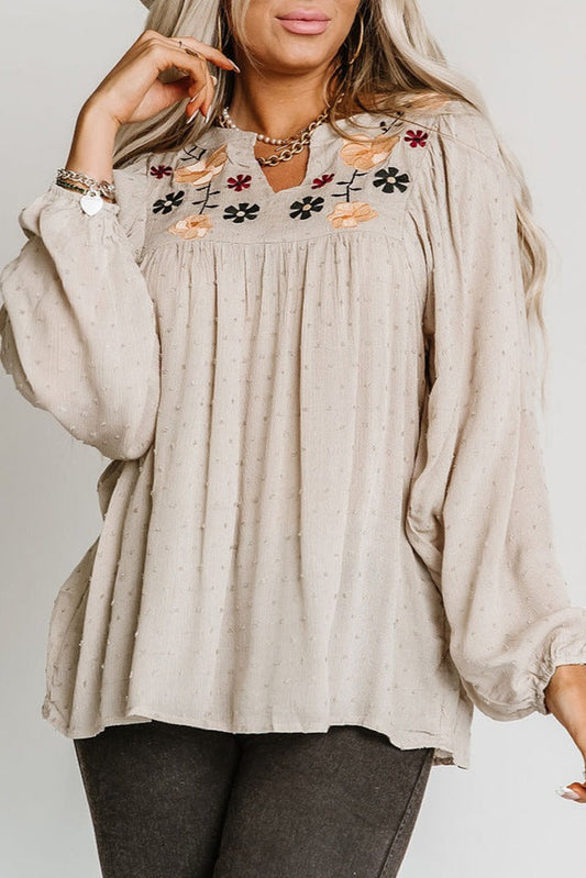 Apricot Floral Embroidered Swiss Dot V Neck Babydoll Blouse Tops & Tees JT's Designer Fashion