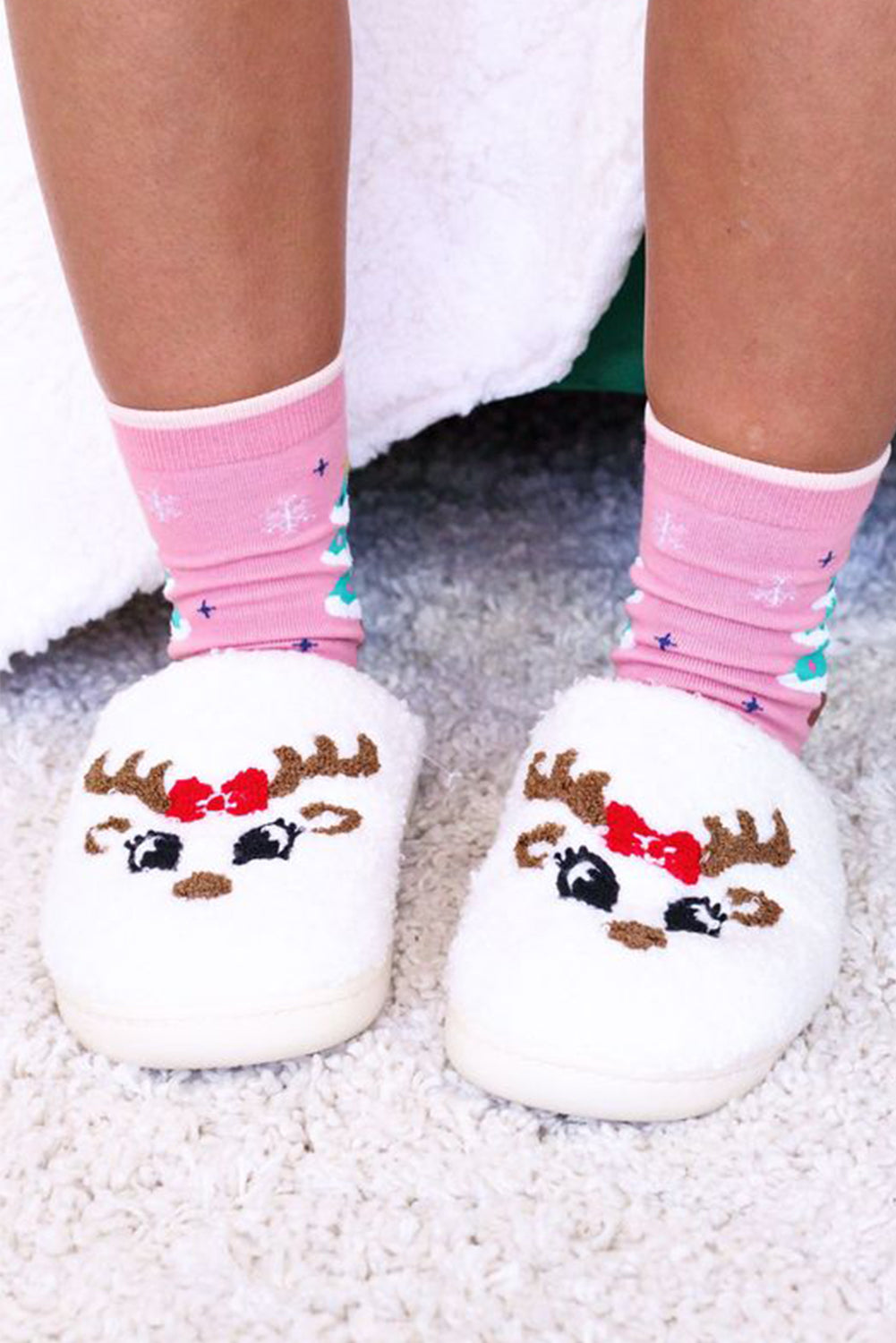 White Christmas Cartoon Pattern Plush Slippers Slippers JT's Designer Fashion