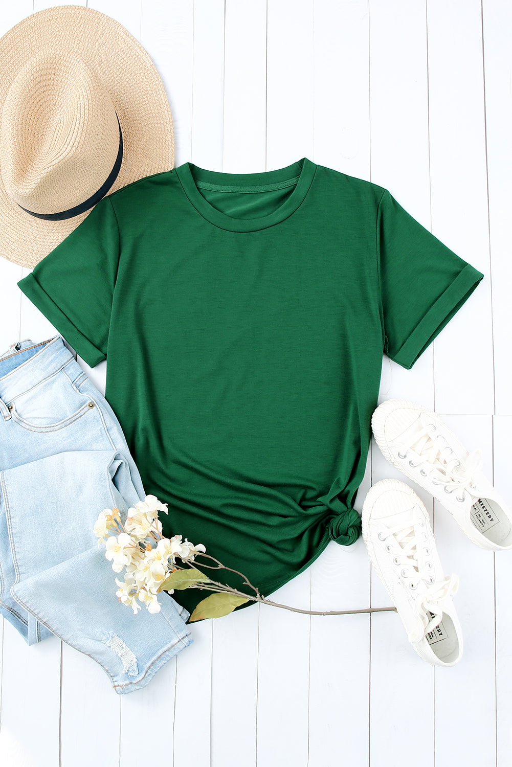 Green Solid Color Crew Neck Tee Tops & Tees JT's Designer Fashion