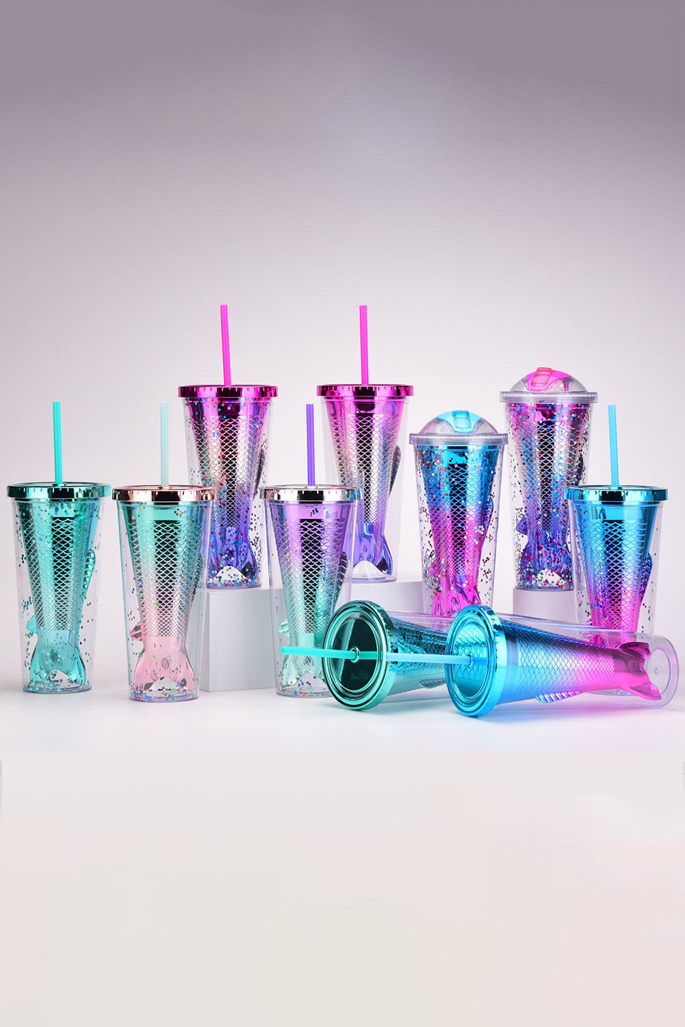 Multicolor Double Layered Mermaid Fish Electroplated Straw Cup Tumblers JT's Designer Fashion