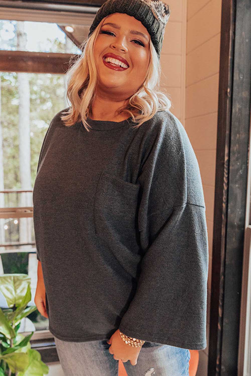 Gray Chest Pocket Loose Plus Size Sweatshirt Plus Size JT's Designer Fashion