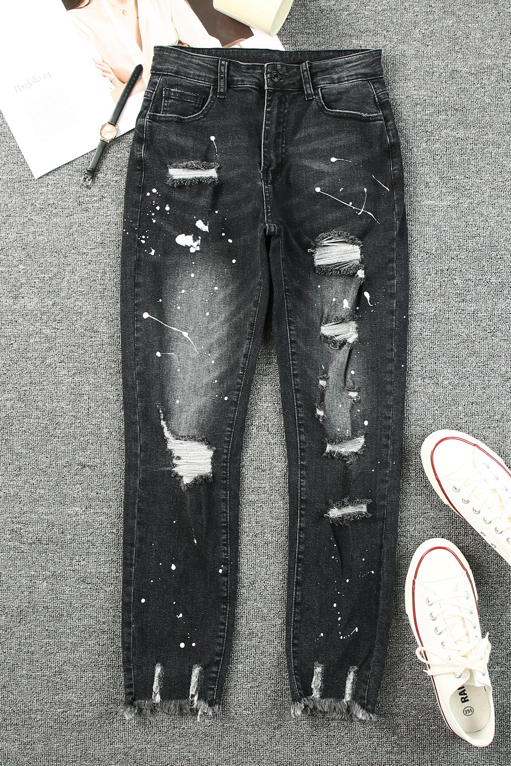 Black Ink Splash Distressed Skinny Jeans Jeans JT's Designer Fashion