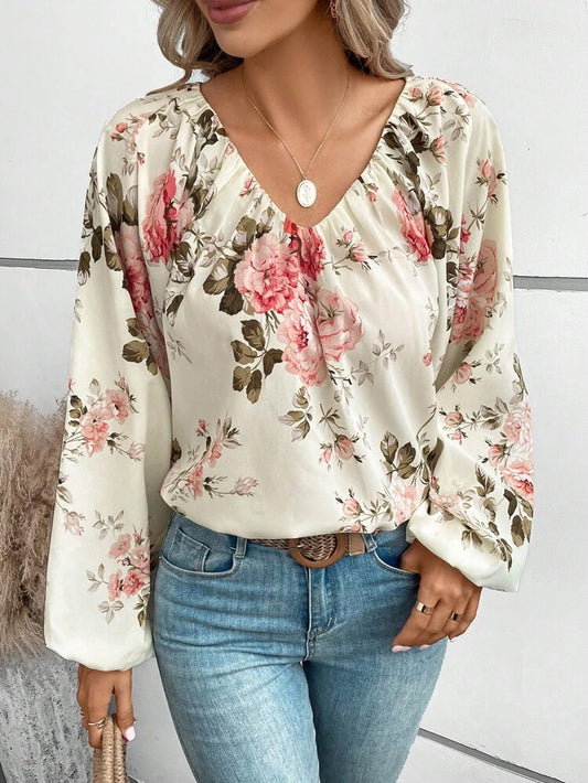 Beige Floral Print Lantern Sleeve Blouse Tops & Tees JT's Designer Fashion