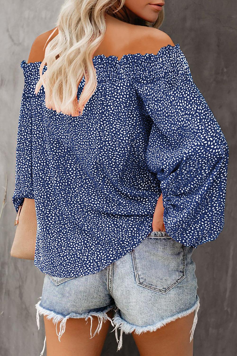 Blue Off Shoulder Floral Print Lantern Sleeve Blouse Blouses & Shirts JT's Designer Fashion