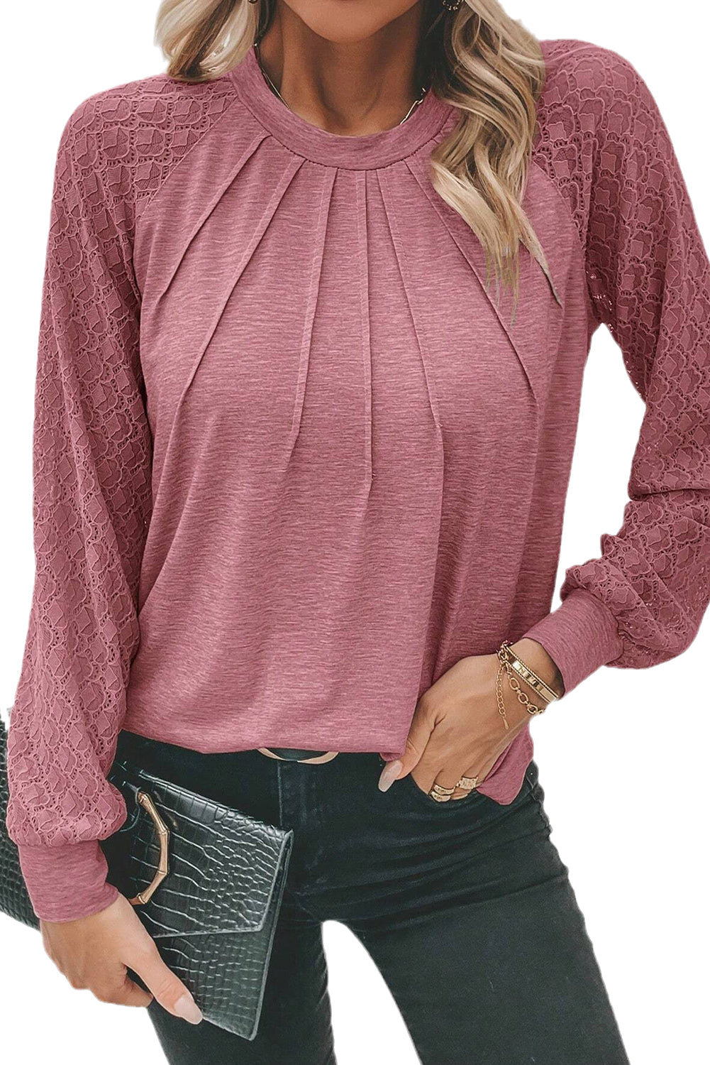 Rose Pink Contrast Lace Raglan Sleeve Plicated Round Neck Top Tops & Tees JT's Designer Fashion