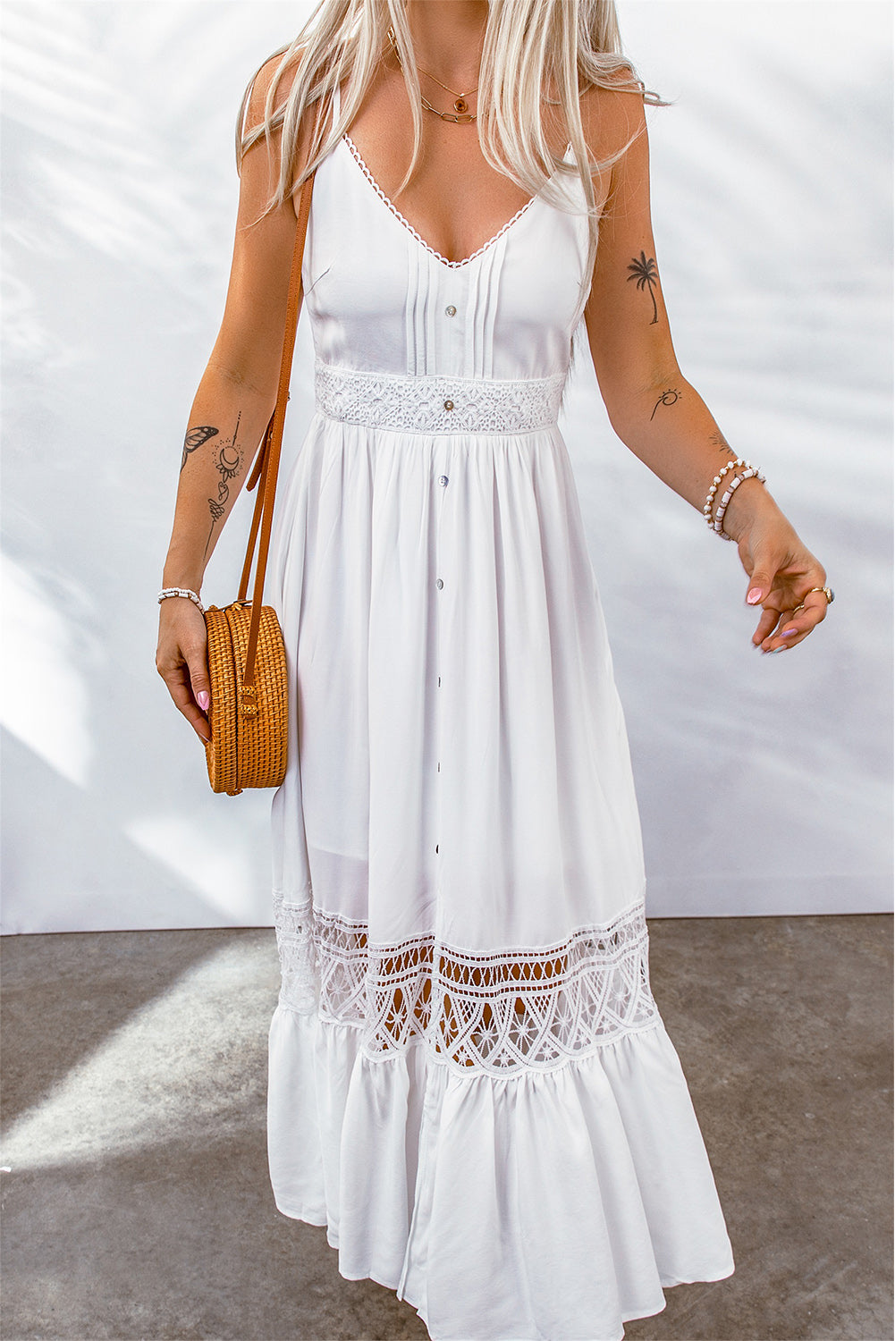 White Lace Splice Button Decor Spaghetti Strap Maxi Dress Maxi Dresses JT's Designer Fashion