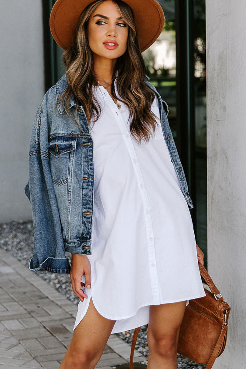 White Solid Boyfriend Button Down Pocket Shirt Dress Mini Dresses JT's Designer Fashion