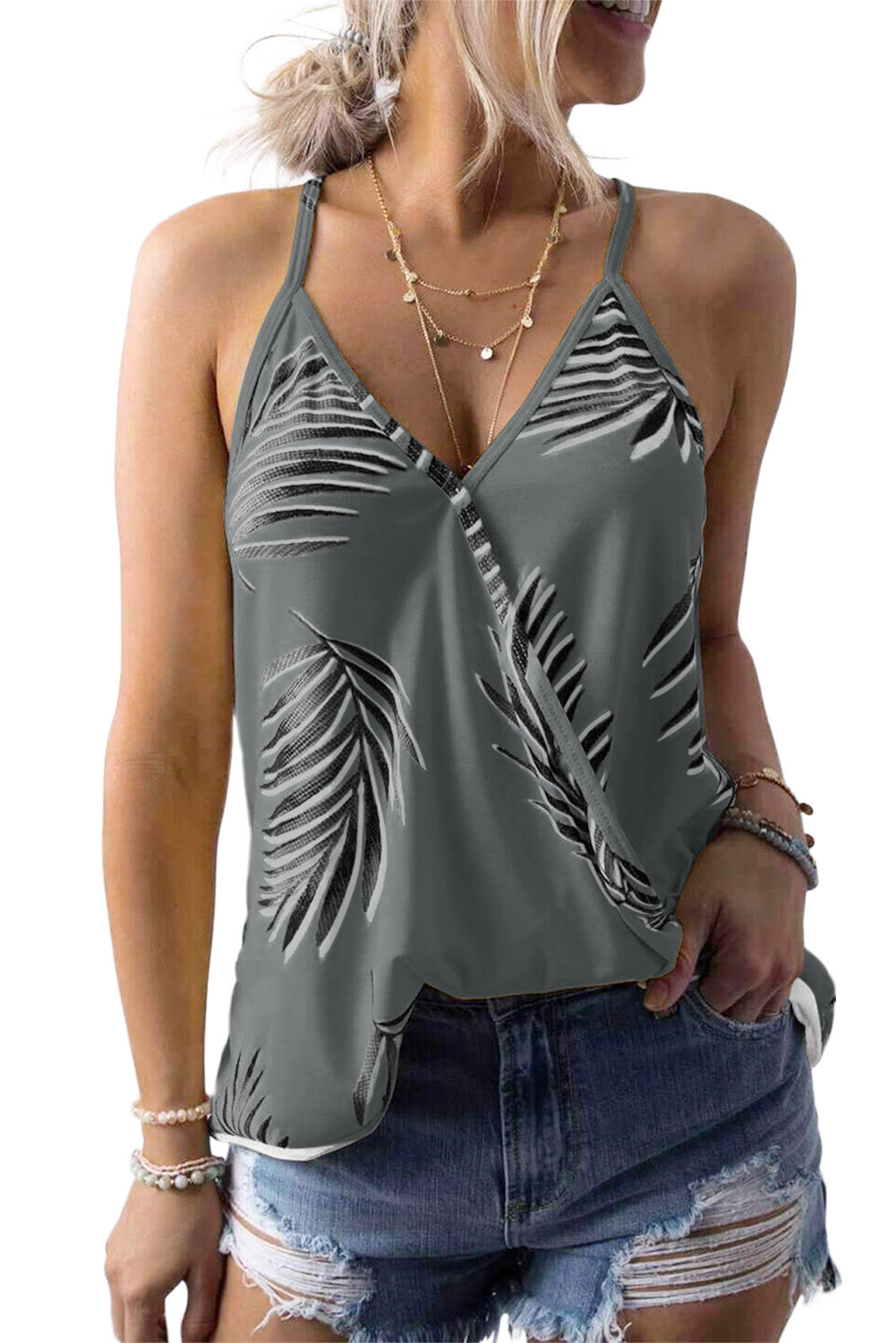 Gray Tropical Plant Print Tank Top Tank Tops JT's Designer Fashion