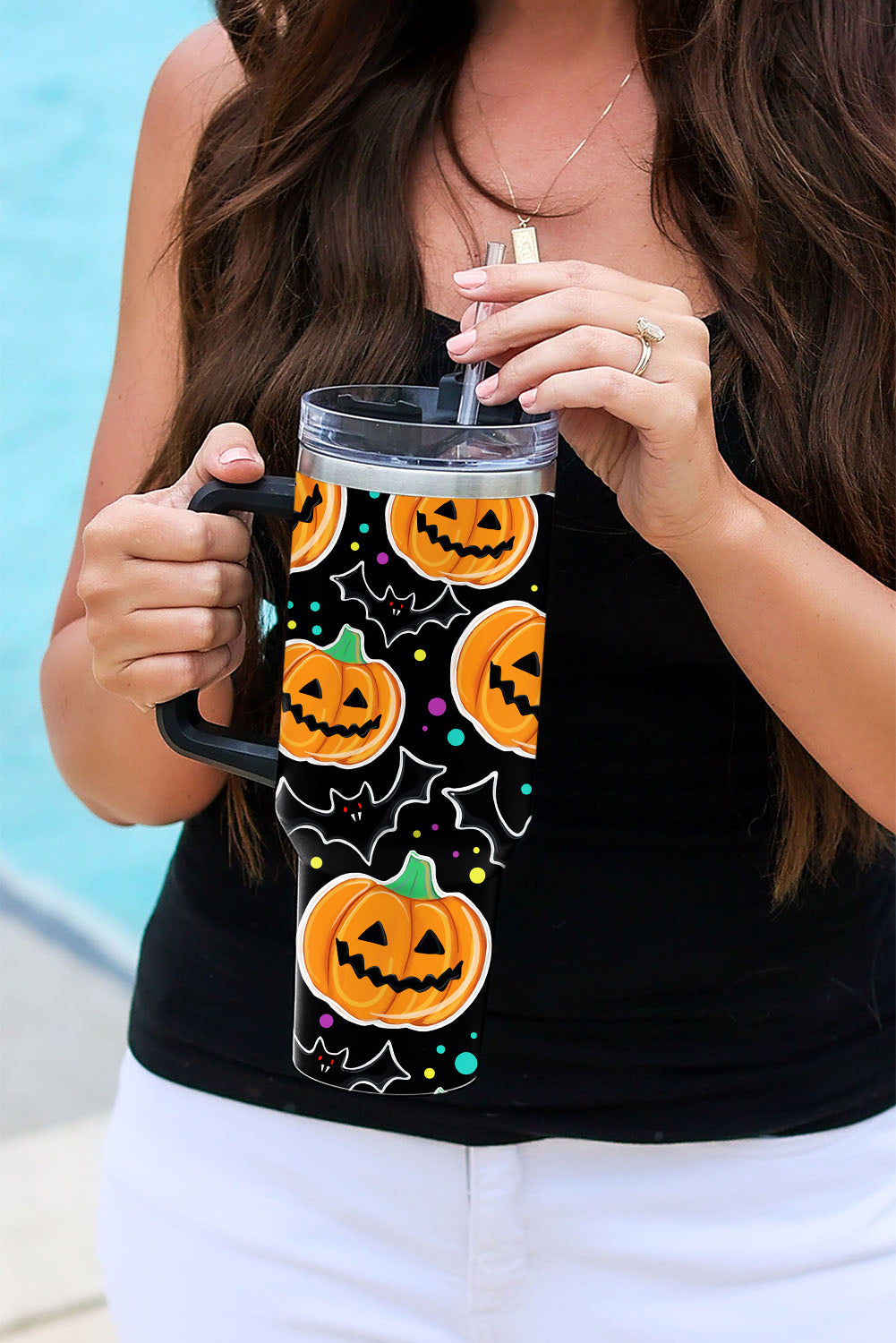 Black Halloween Pumpkin Bat Printed Tumbler with Straw Tumblers JT's Designer Fashion