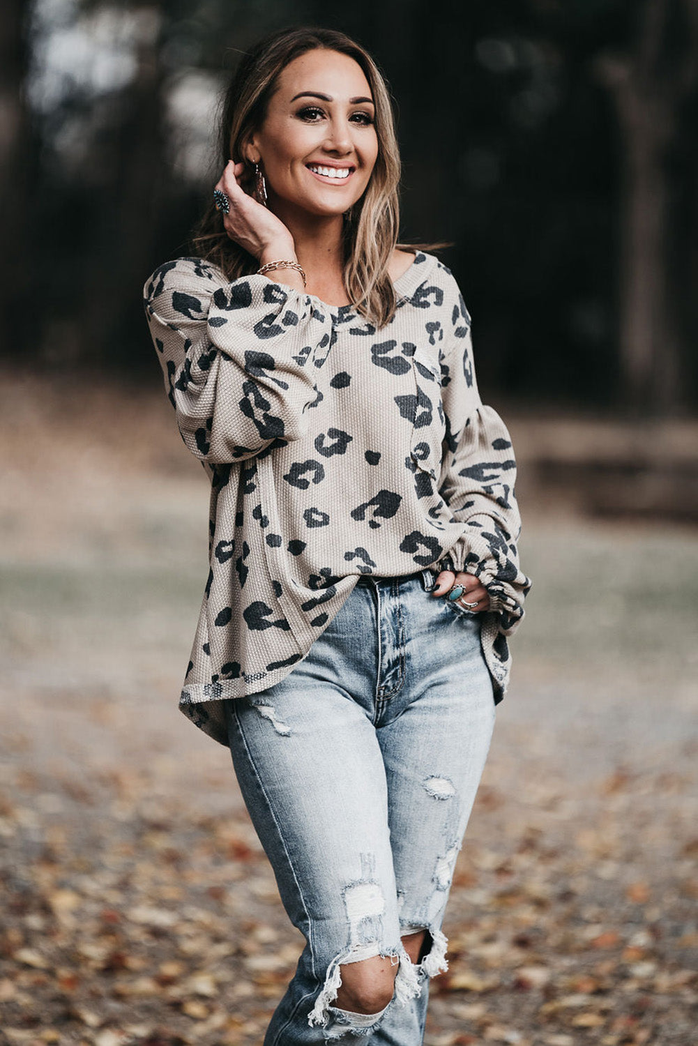 Gray Printed Leopard Drop Shoulder Puff Sleeve Plus Size Pullover Plus Size JT's Designer Fashion