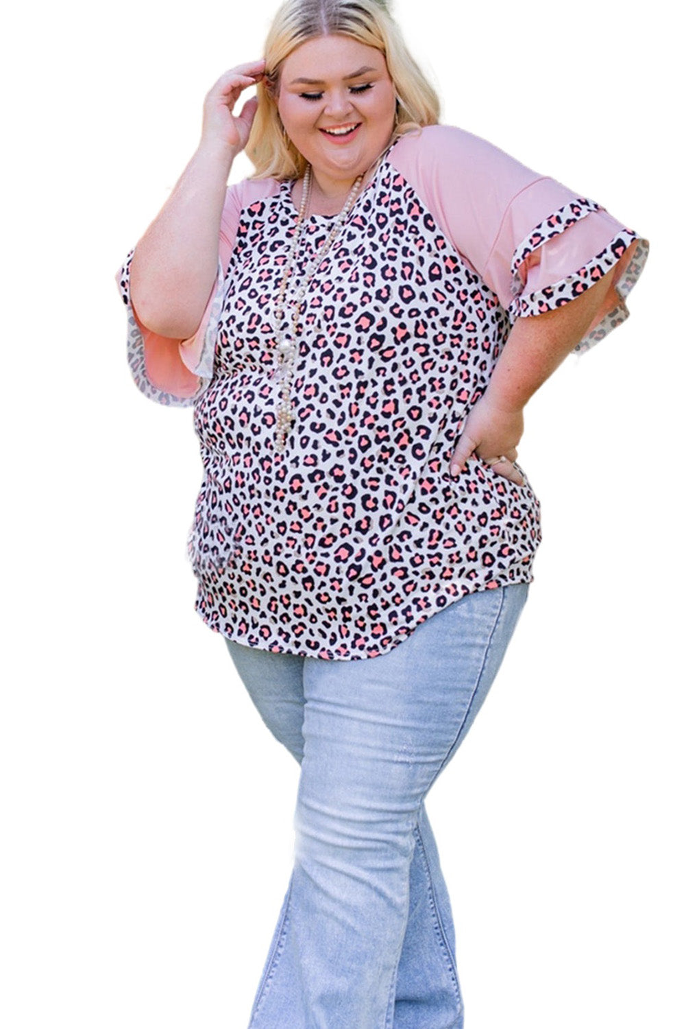 Pink Plus Size Ruffle Raglan Sleeve Leopard Top Plus Size JT's Designer Fashion