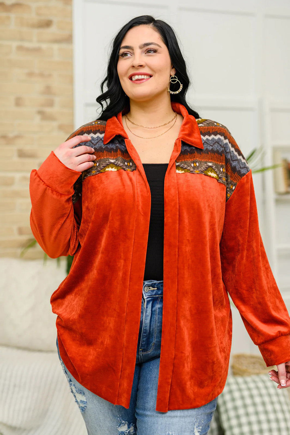 Red Plus Size Aztec Western Print Patchwork Shacket Plus Size JT's Designer Fashion