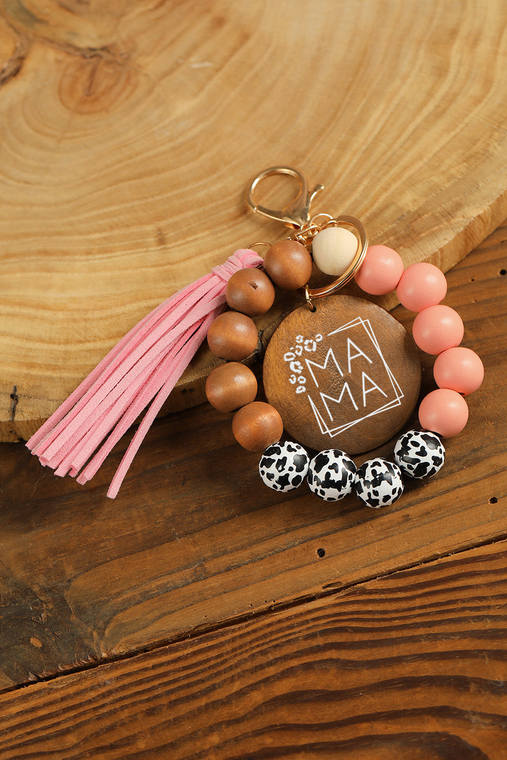 Pink MAMA Wood Pendant Leopard Fringe Keychain Other Accessories JT's Designer Fashion