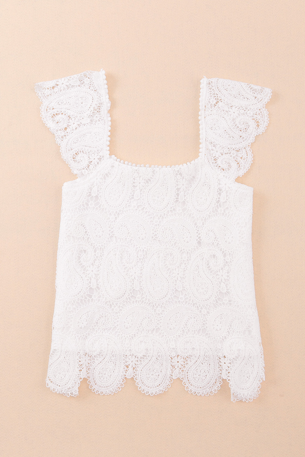 White Lace Crochet Ruffled Square Neck Tank Top Tank Tops JT's Designer Fashion