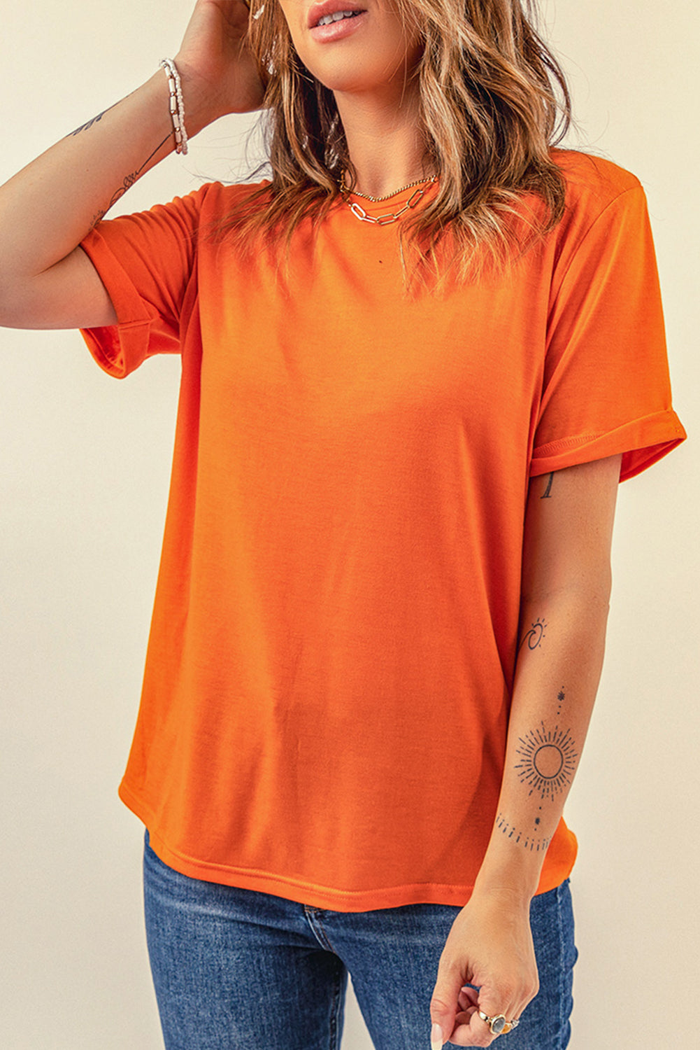 Orange Solid Color Crew Neck Tee Tops & Tees JT's Designer Fashion