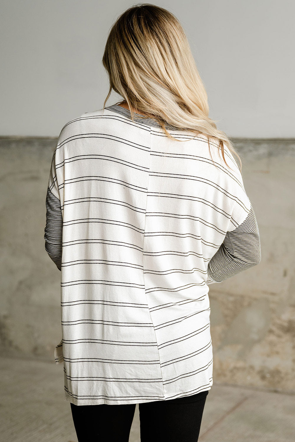 Stripe Patchwork Side Slits Long Sleeve Tee Tops & Tees JT's Designer Fashion