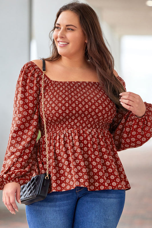 Red Plus Size Square Neck Printed Peplum Top Plus Size Tops JT's Designer Fashion