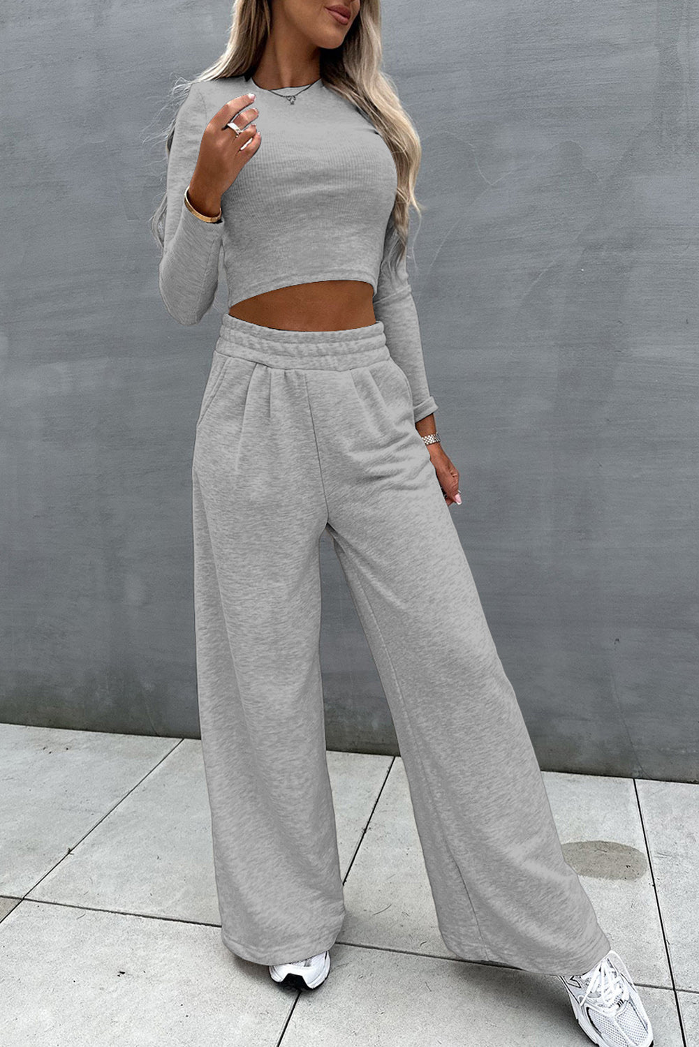 Gray Crop Top and Wide Leg Pants Two Piece Set Bottoms JT's Designer Fashion