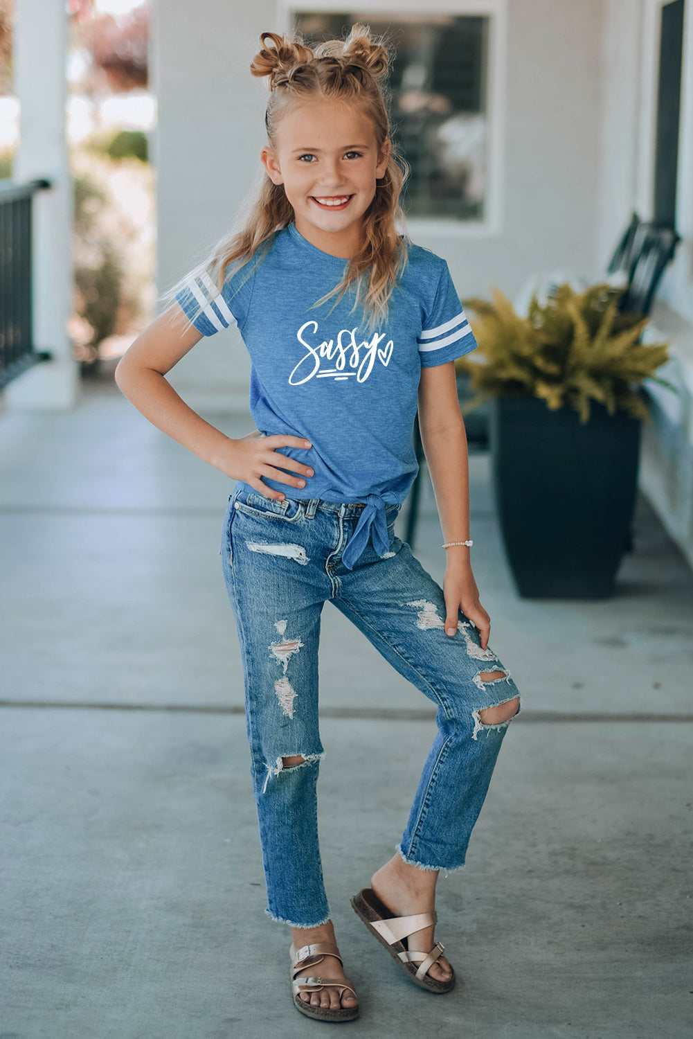 Blue Family Matching Letter Printed Tie Knot Short Sleeve Girl's Top Family T-shirts JT's Designer Fashion