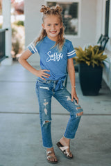 Blue Family Matching Letter Printed Tie Knot Short Sleeve Girl's Top Family T-shirts JT's Designer Fashion