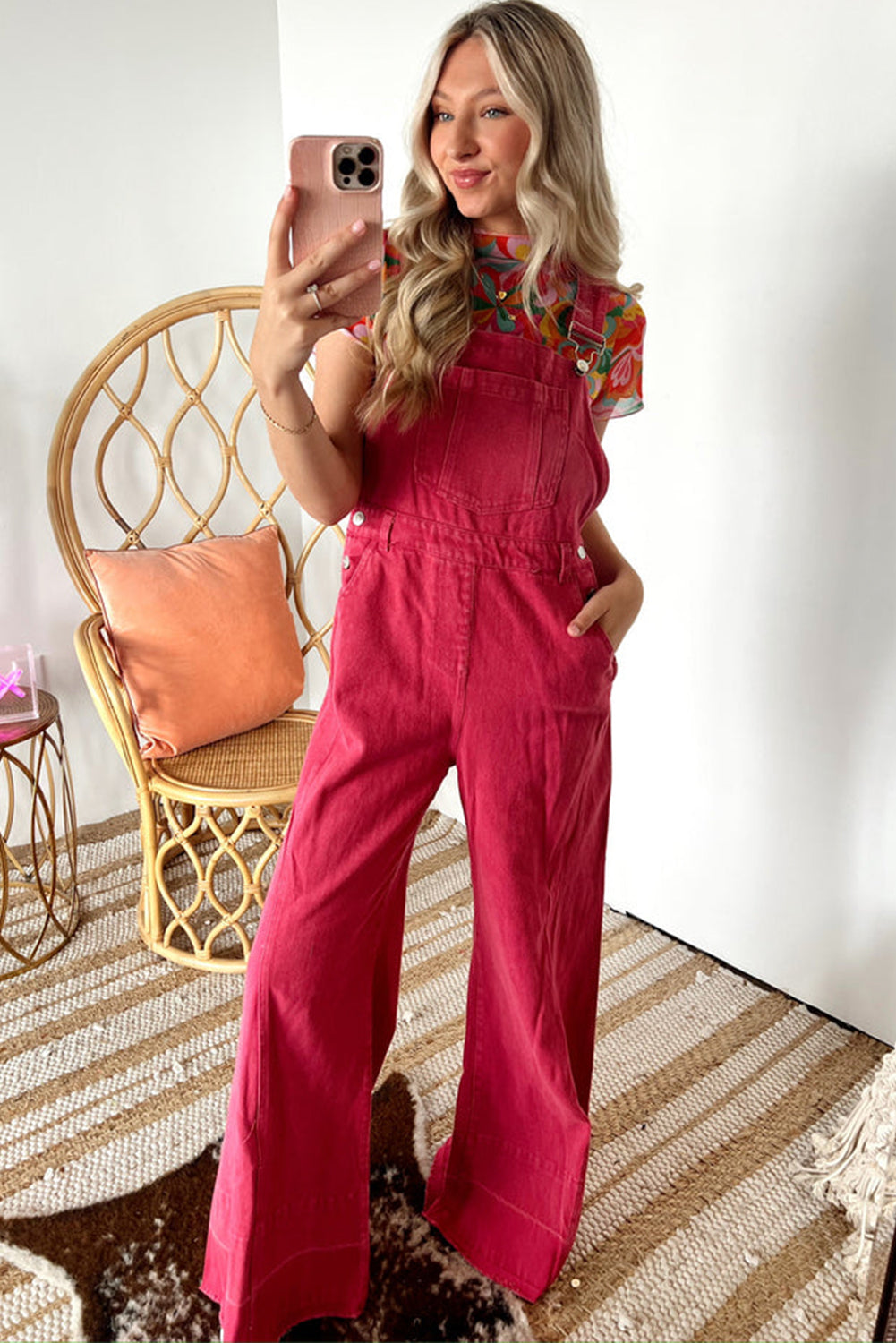 Strawberry Pink Adjustable Straps Buttoned Overall with Pocket Bottoms JT's Designer Fashion