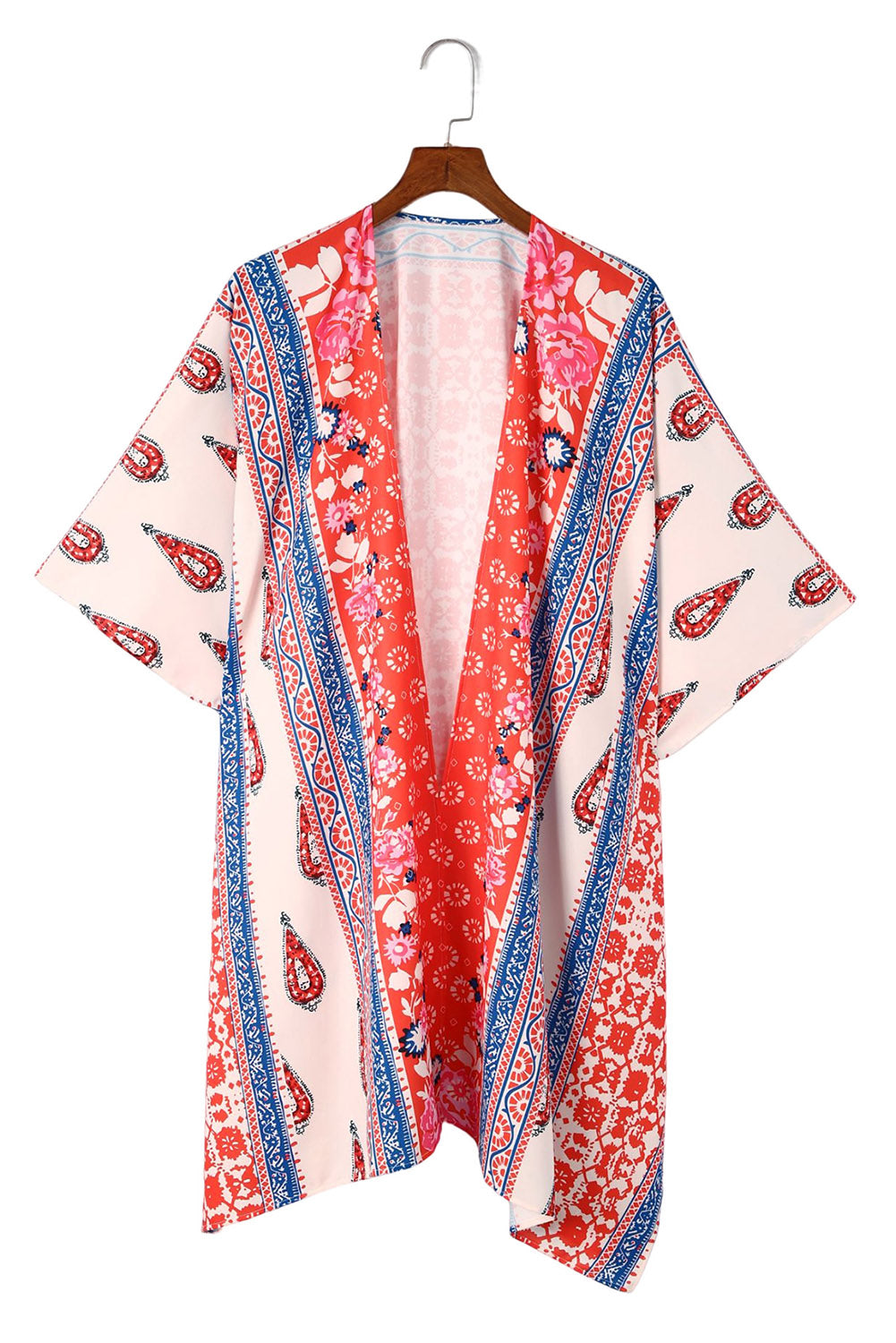 Red Long Paisley Print Kimono Beach Cover Up Kimono Kimonos JT's Designer Fashion