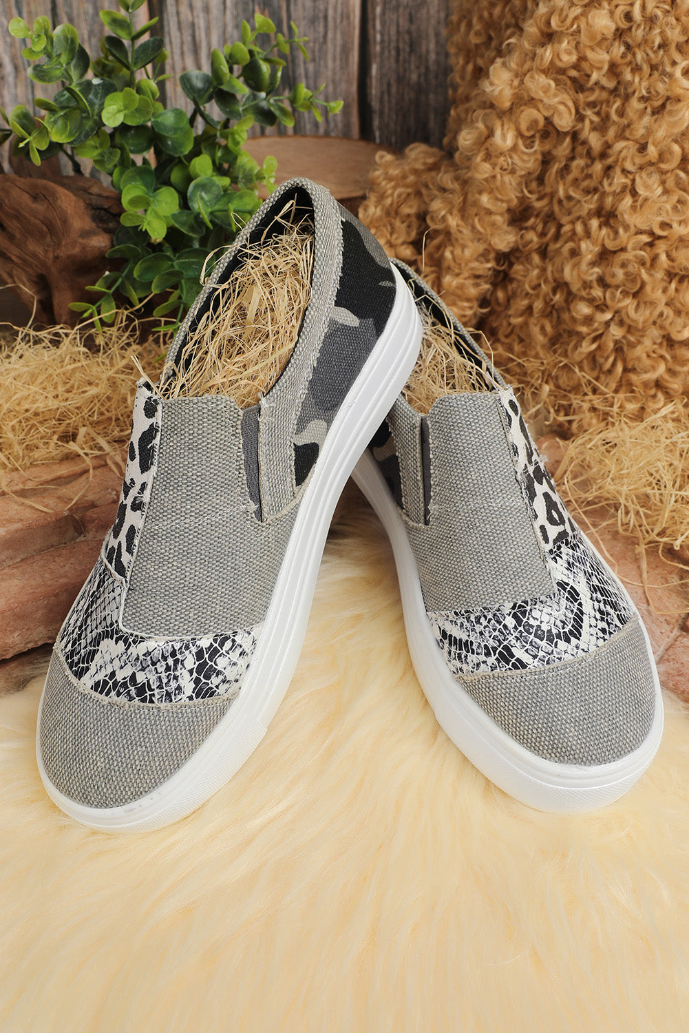 Gray Snake Leopard Mixed Print Slip-on Canvas Shoes Women's Shoes JT's Designer Fashion