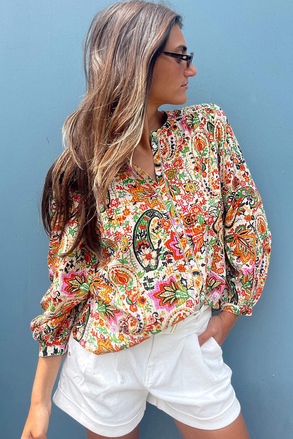 Multicolour Floral Print Lace Splicing Button up Puff Sleeve Shirt Tops & Tees JT's Designer Fashion