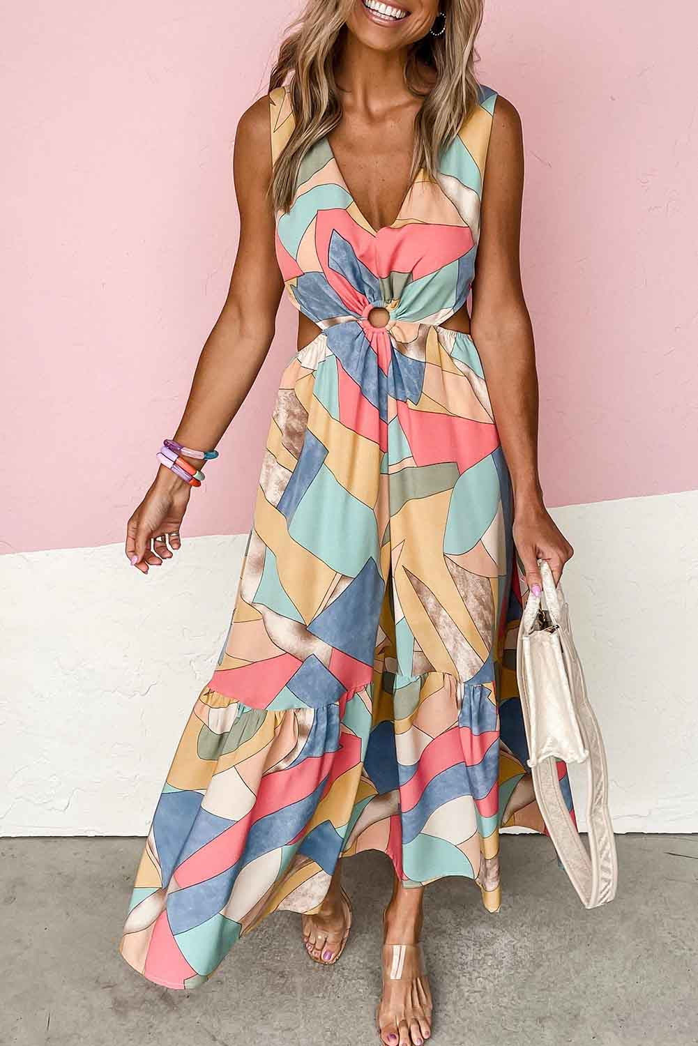 Khaki Boho Print O-ring Cut-out Sleeveless Maxi Dress Dresses JT's Designer Fashion