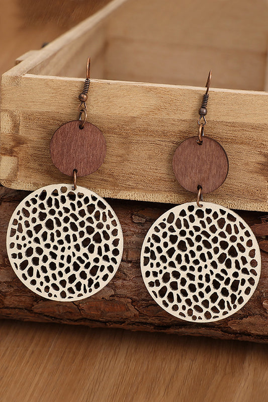 Beige Hollow Out Wooden Round Drop Earrings Jewelry JT's Designer Fashion