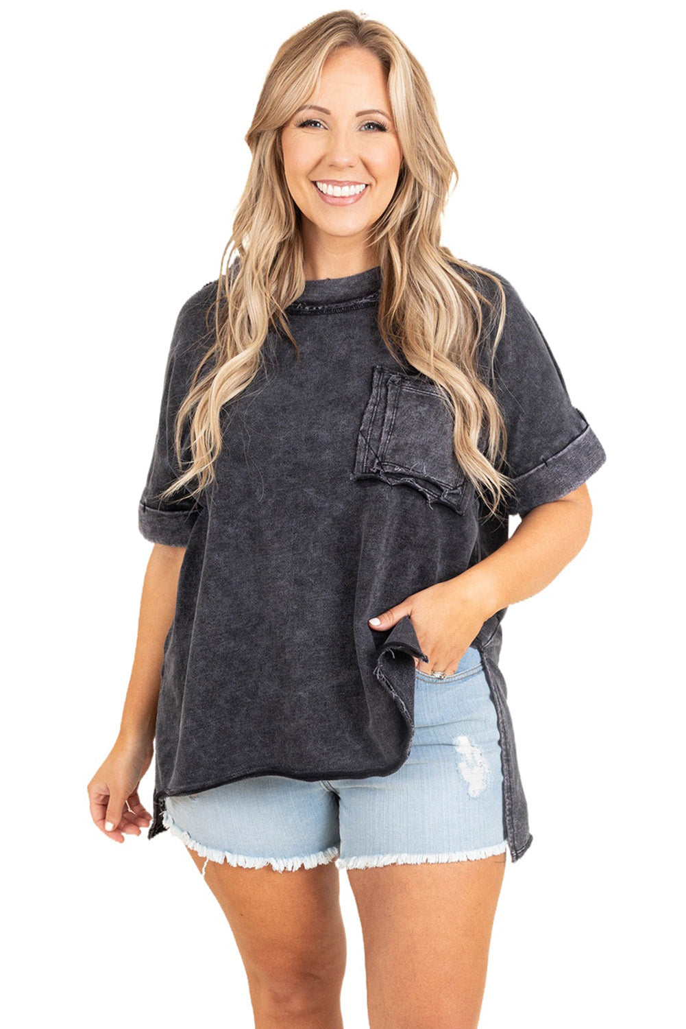 Gray Mineral Wash Distressed Slit Patch Pocket Oversize Tee Plus Size JT's Designer Fashion