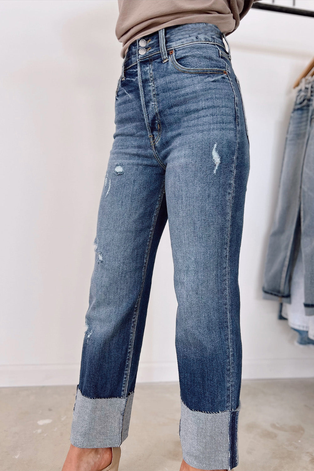 Blue High Waist Distressed Straight-Leg Jeans Bottoms JT's Designer Fashion