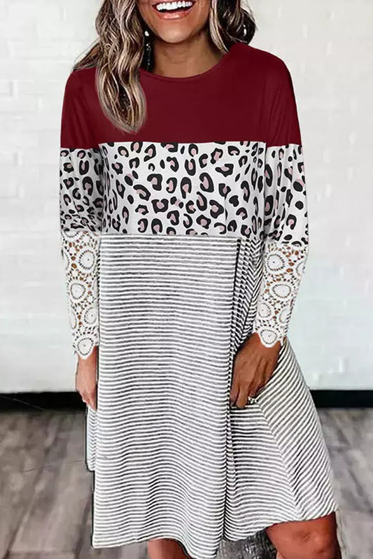 Wine Red Striped Leopard Patchwork Lace T Shirt Dress T Shirt Dresses JT's Designer Fashion