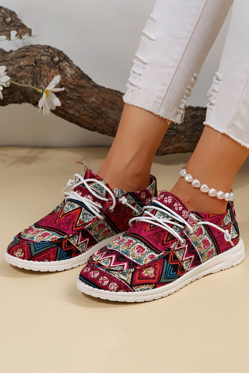 Red Ethnic Printed Lace-up Decor Casual Shoes Women's Shoes JT's Designer Fashion