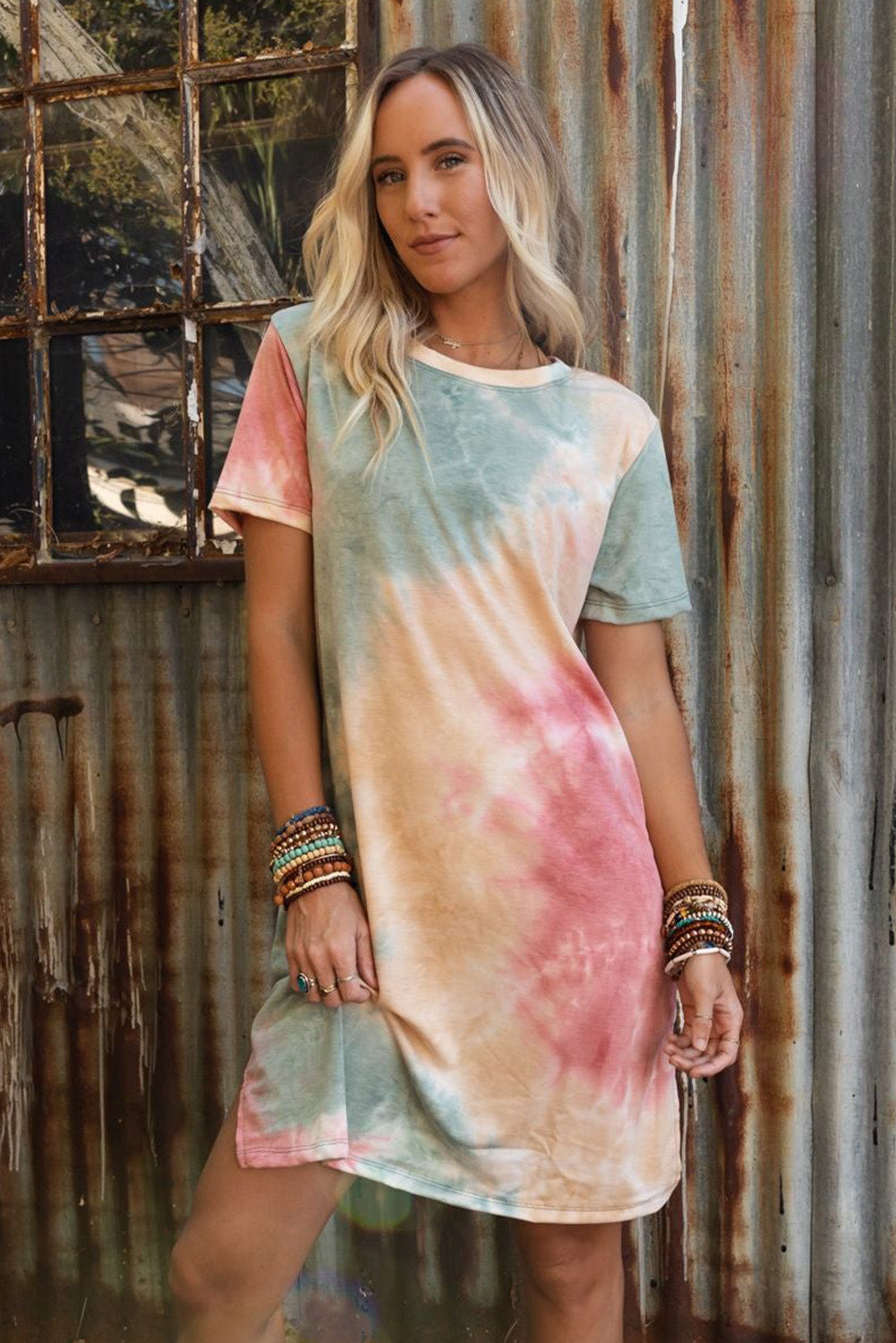 Multicolor Tie Dye Oversized Slit Tee Dress T Shirt Dresses JT's Designer Fashion