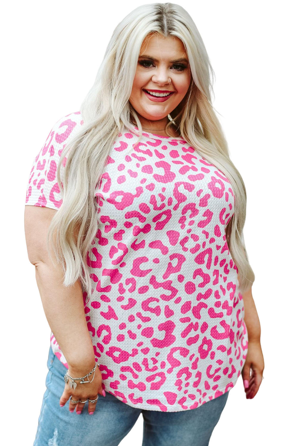 Rose Leopard Print Textured Knit Short Sleeve Plus Size T Shirt Plus Size Tops JT's Designer Fashion