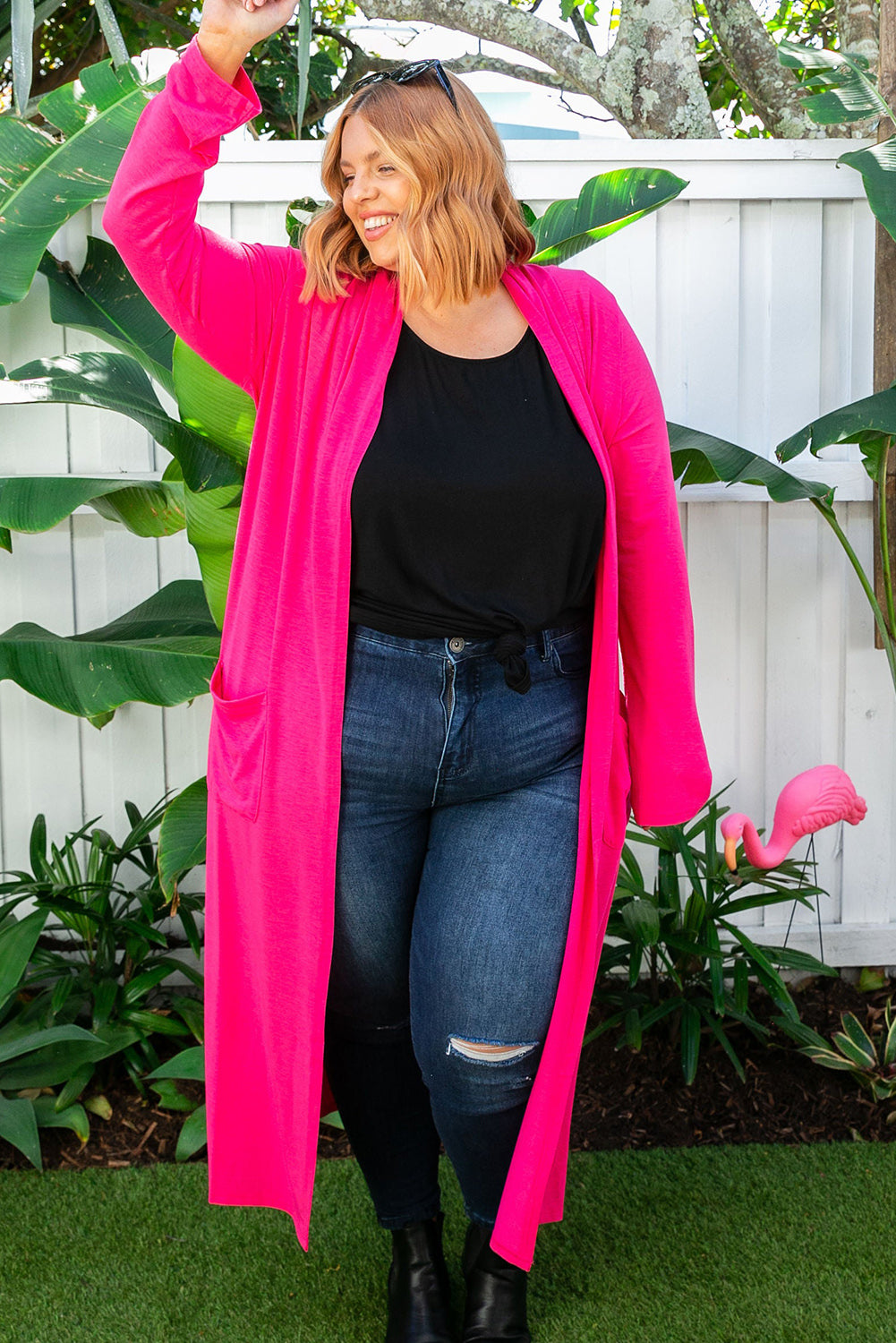 Strawberry Pink Plus Size Side Split Pockets Duster Cardigan Plus Size JT's Designer Fashion