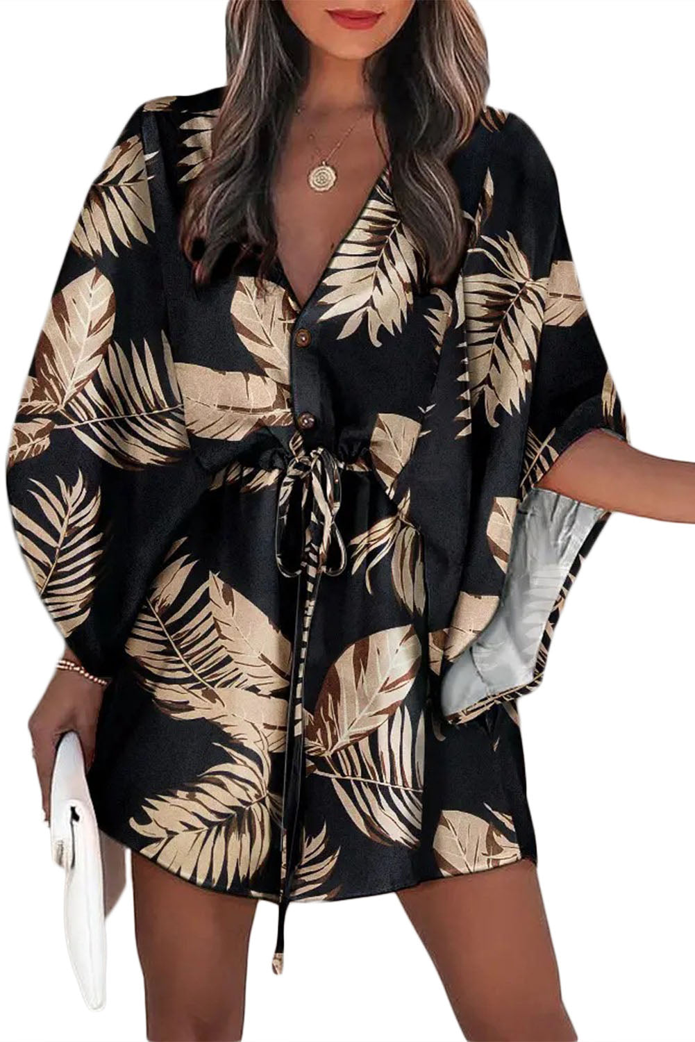 Black Geometric Print Button Drawstring Batwing Sleeve Dress Mini Dresses JT's Designer Fashion