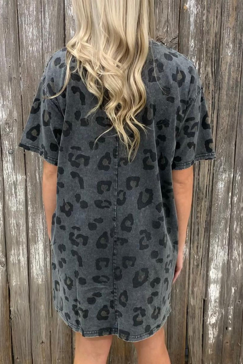 Gray Vintage Washed Leopard T-Shirt Dress with Pockets T Shirt Dresses JT's Designer Fashion