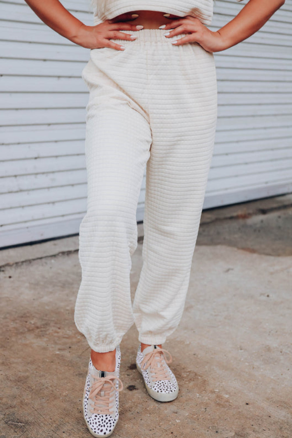 White Lattice Textured Cropped Tee and Jogger Pants Set Bottoms JT's Designer Fashion