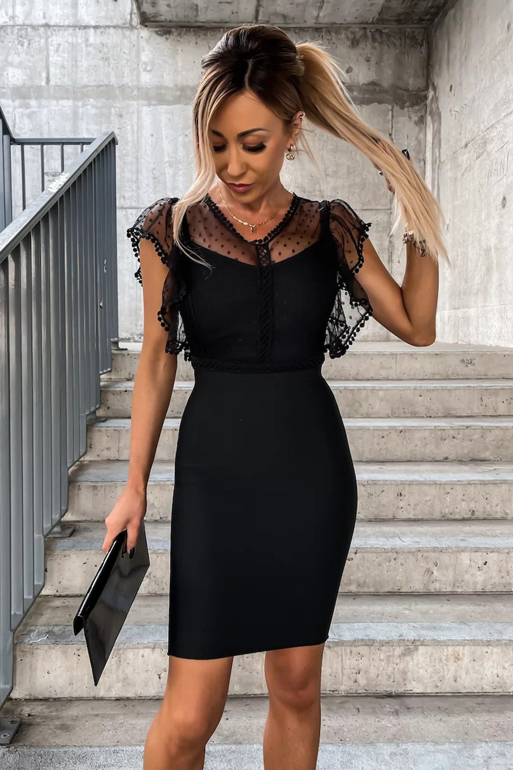 Black Polka Dot Mesh Splicing Flutter Sleeves Sheath Midi Dress Mini Dresses JT's Designer Fashion